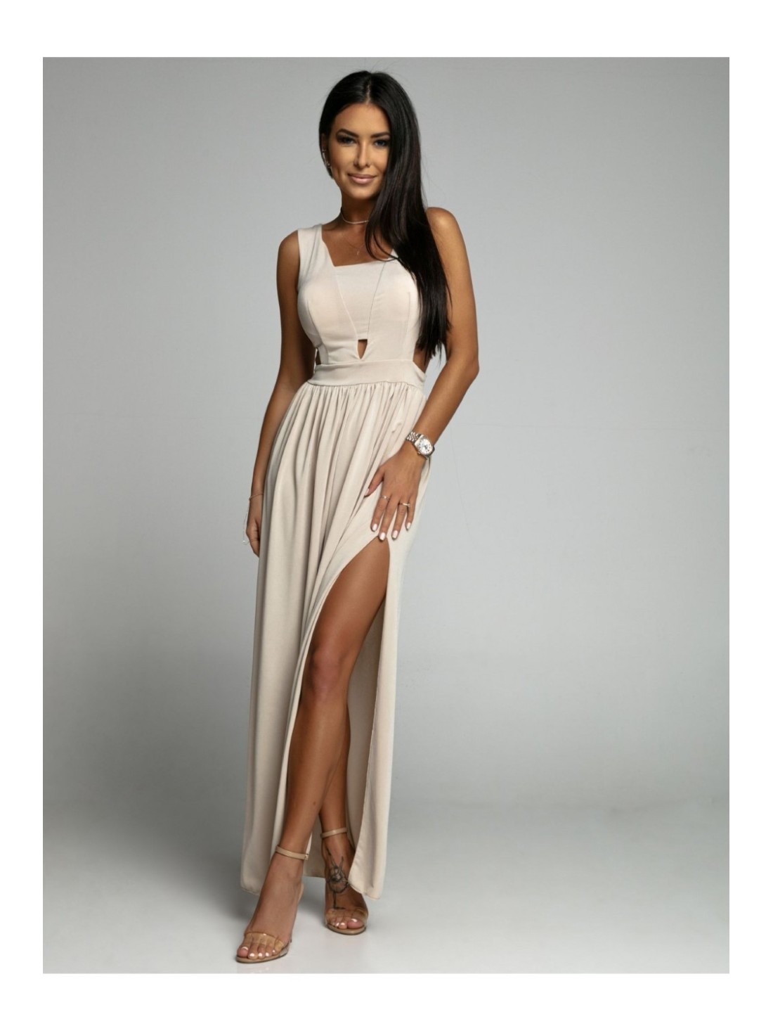 Maxi dress with cutouts, beige AZR222